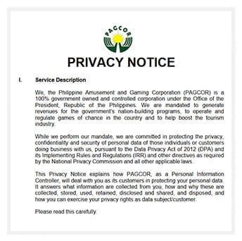 Hango mula sa Patakaran ng Philippine Amusement and Gaming Corporation (PAGCOR) Ukol sa Proteksyon ng Datos ng Manlalaro